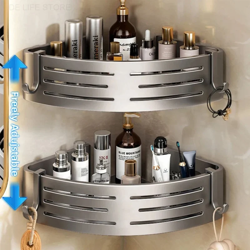 1-2PCS Bathroom Corner Shelf with Plastic Hook Towel Bar No Drill Space Aluminum Shower Storage Rack Bathroom Organizer - Image 3