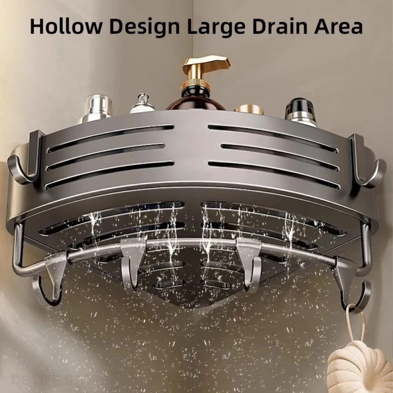 1-2PCS Bathroom Corner Shelf with Plastic Hook Towel Bar No Drill Space Aluminum Shower Storage Rack Bathroom Organizer - Image 5